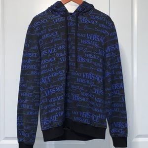 NWOT Gianni Versace Mens Large Black & Blue Logo Drawstring Pullover Hoodie